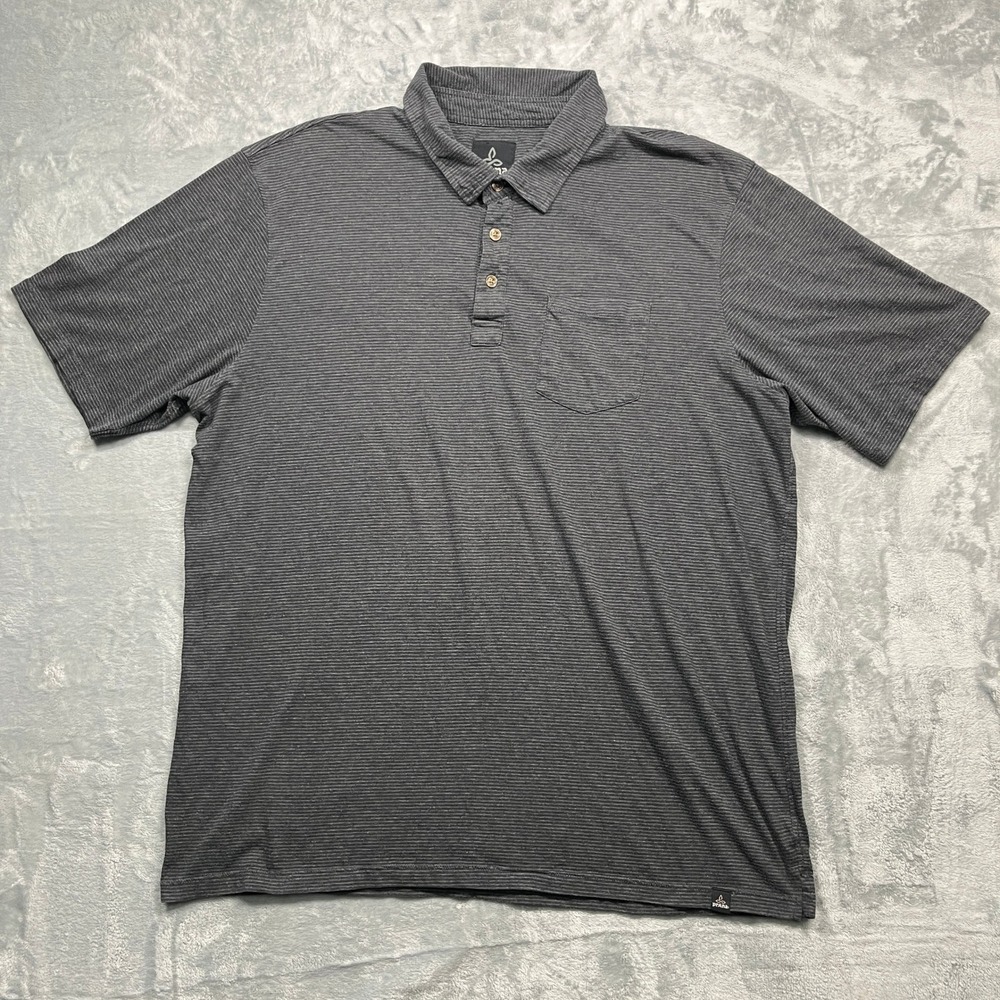 Prana Polo Shirt‎ Mens Charcoal Grey Striped Short Sleeve Chest Pocket Casual XL